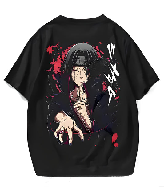 Men Black Comfort Fit Graphic Oversized T-Shirt - Itachi Uchiha | Premium Anime Streetwear